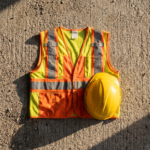 Hi-vis safety vest and hardhat flat lay