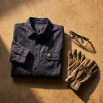 Embroidered work shirt with safety glasses and gloves