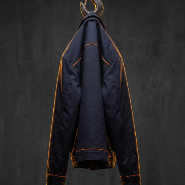 Navy workwear jacket with hi-vis trim on an industrial hook